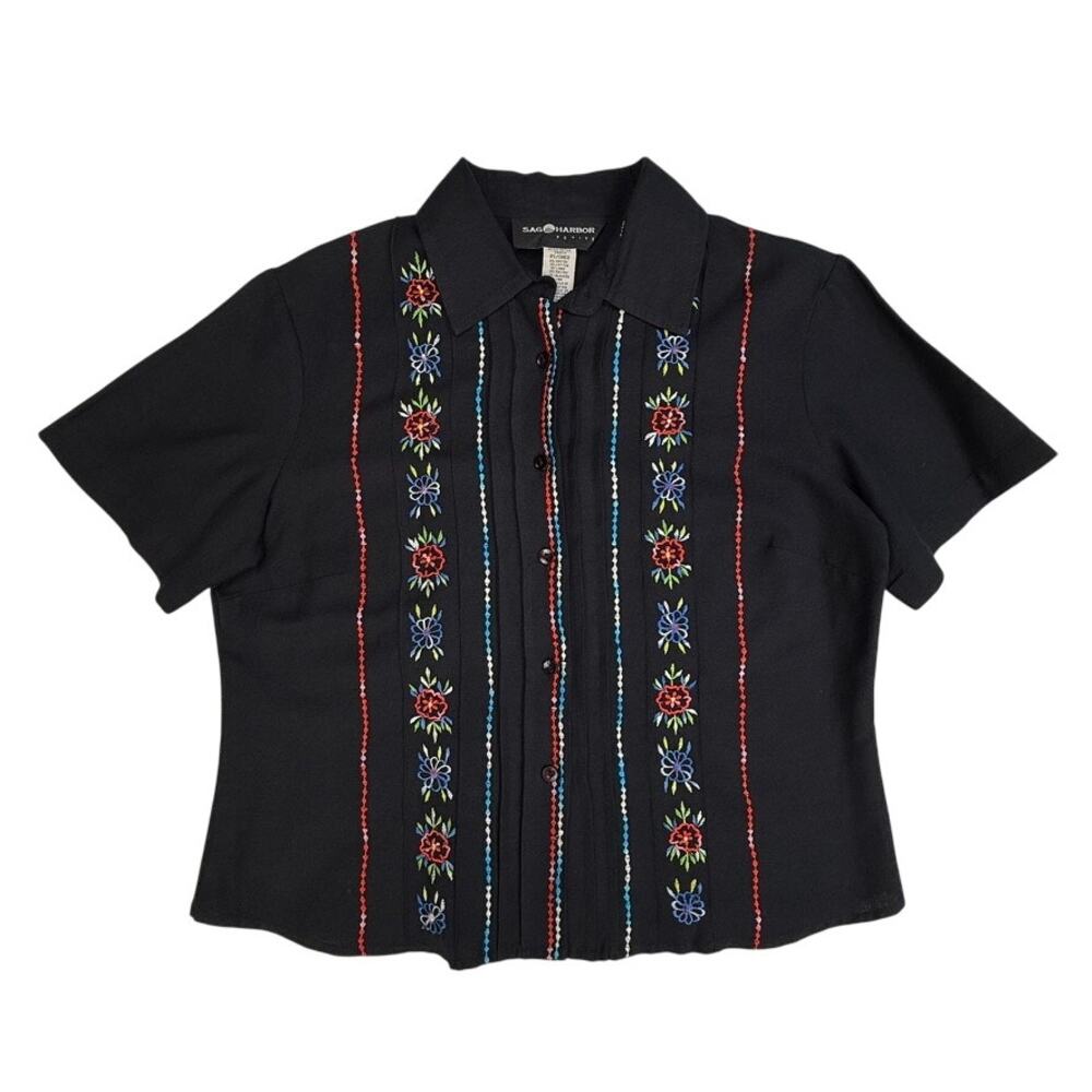 SAG HARBOR Petite PS Black Embroidered Floral Button Front Blouse Linen Blend